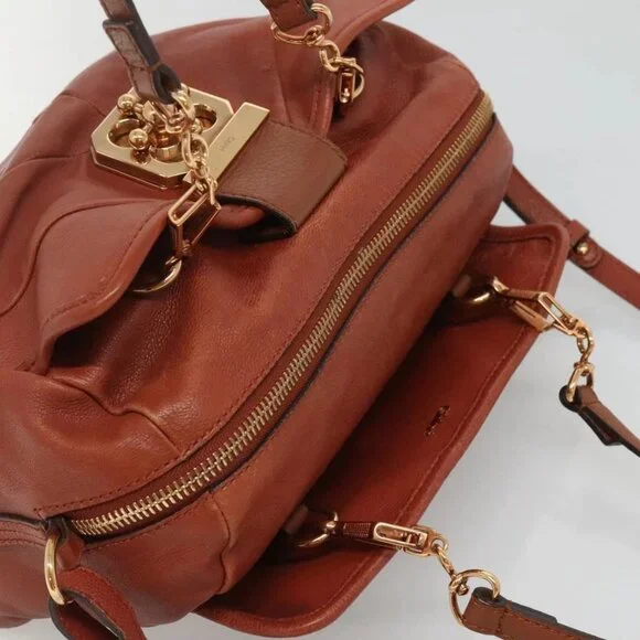 Chloe Elsie Hand Bag Leather 2way Brown Gold Auth